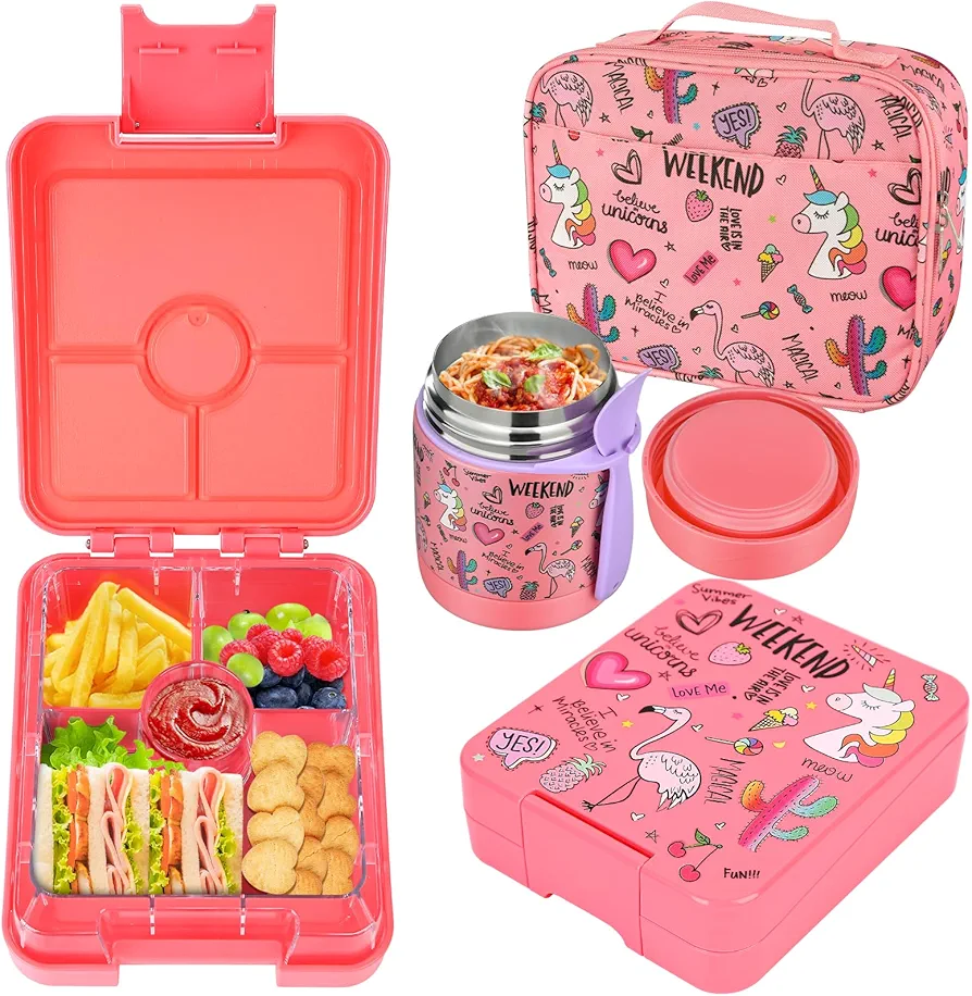 Bento Lunch Box Set for Kids with 10oz Soup Thermo, Leak-Proof Lunch Containers with 4 Compartment, Kids Thermo Hot Food Jar and Insulated Lunch Bag for Kids to School,BPA-Free(Flamingos)