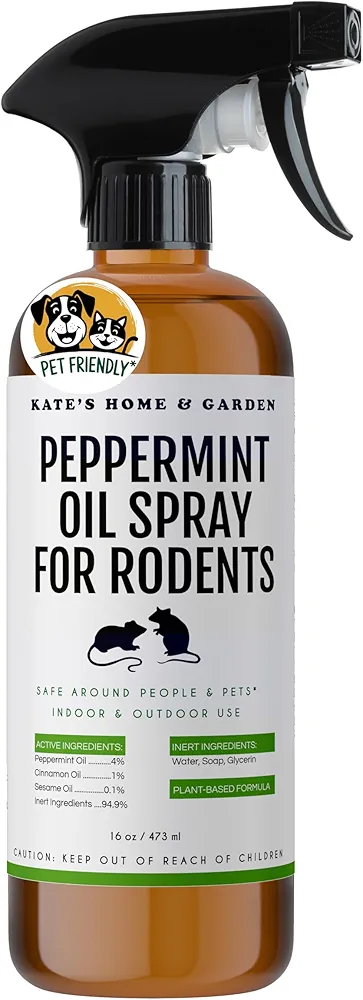 Kate Naturals Peppermint Oil Spray for Rodents, Mouse, Squirrels (16oz, Pet Safe). Rodent Repellent Outdoor for Car Engines, Mice, Rat, Bat, House, Plants, Attic, Basement