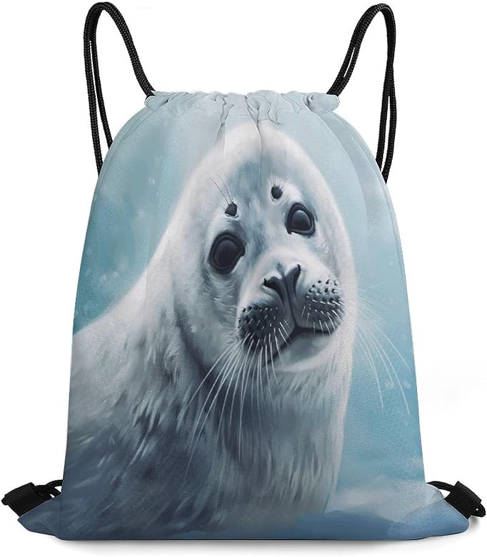 Sports Drawstring Backpack,Harp Seal Painting Wallpaper String Swim Gym Bag Gym Drawstring Bag for Gym Travel Sports