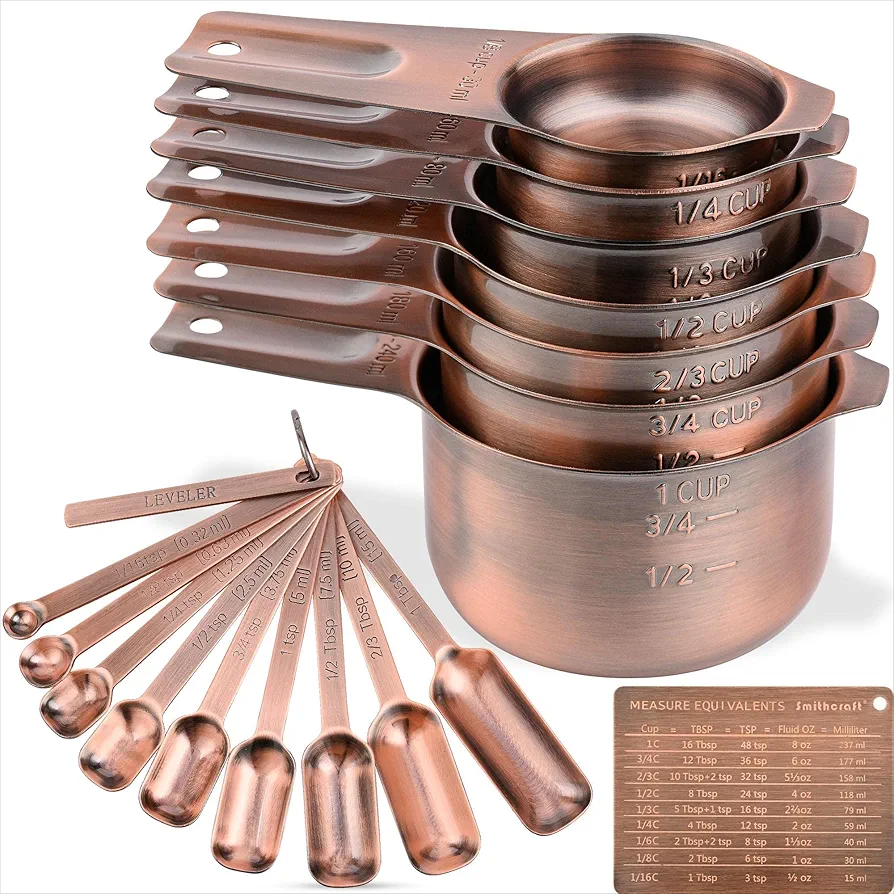 Smithcraft Measuring Cups and Spoons Set, Copper Measuring Cups and Spoons, 7 Stainless Steel Measurer Cup & 9 Measuring Spoon Leveler & Measure Enquivalents for Kitchen, Baking Metal Measuring Cups