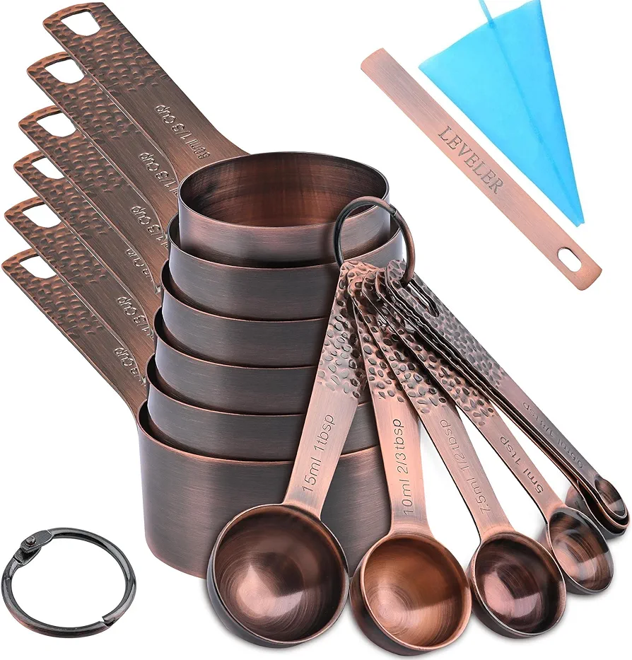 Measuring Cups and Spoons Set, 6 Copper Measure Cups and 7 Stainless Steel Measurement Spoons with Leveler, Metal Bronze Kitchen Measuring Cups and Baking Measuring Spoons Set of 14