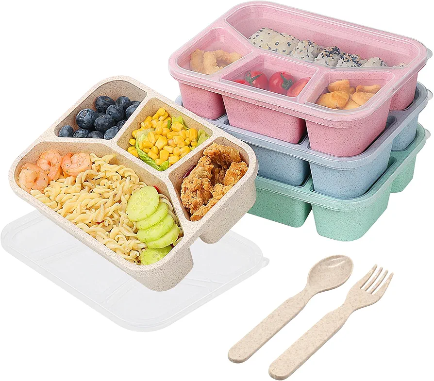 PUiKUS 4 Pack Bento Lunch Box, 4 Compartment Meal Prep Containers, Lunch Box for Kids, BPA Free Plastic Reusable Food Storage Containers - Stackable, Suitable for Schools, Companies,Work and Travel