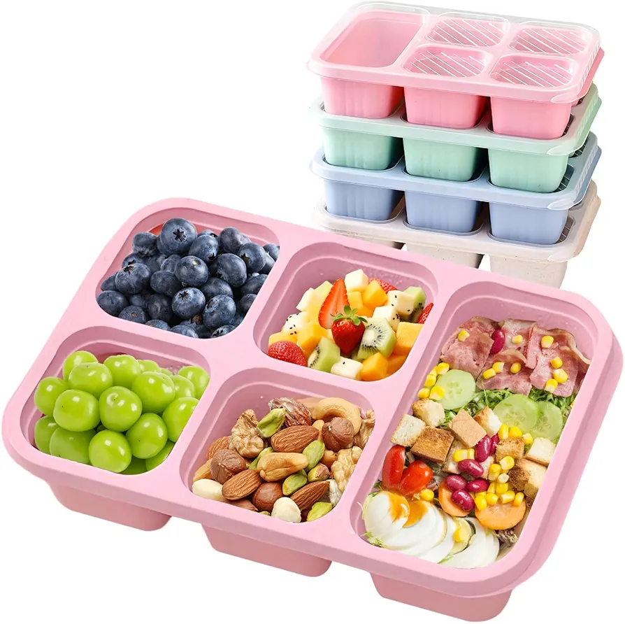 Bento Lunch Box with Reusable, 5 Compartment Bento Box for 4 Pack, Bento Snack Containers for Travel and Work