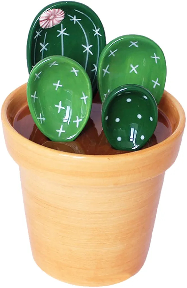 Sizikato 4pcs Porcelain Measuring Spoons with Base, Cute Cactus Shape