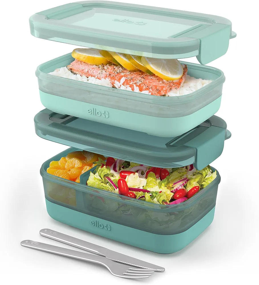 Ello 2-Pack Lunch Stack Plastic Food Storage Container Bento Box with Airtight, Leak-Proof Locking Plastic Lids and Silicone Base, BPA-Free, Freezer, Microwave, and Dishwasher Safe