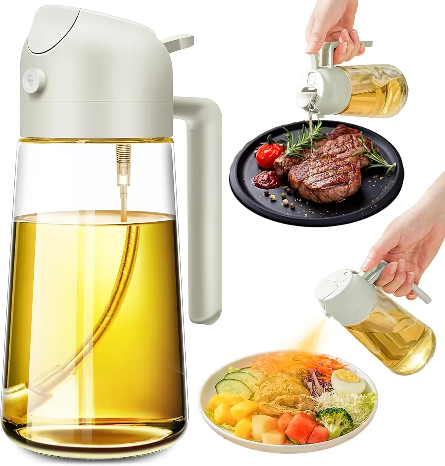 2 in 1 Oil Dispenser and Oil Sprayer：17oz/500ml Glass Olive Oil Dispenser Bottle & Oil Spray Bottle,Oil Sprayer for Cooking,Kitchen,Salad,Barbecue,Air Fryer(White)