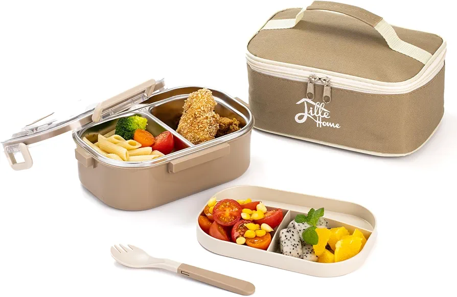 Lille Home Bento Lunch Box for Adult, 31oz Stainless Steel 2-Compartment Tiffin Lunch/Snack Box, Durable Bento/Food Container with Split Layer Lunch Bag and Utensils(Brown)