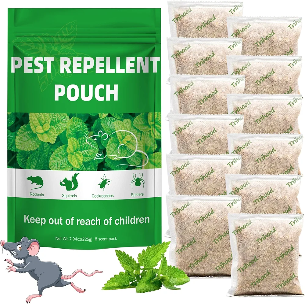 12 Pack Peppermint Oil Mouse Repellent Pouches - Powerful Pest Repellent for Rodent Rat Mice Skunk Squirrel Roach Moth, Mice Deterrent for House/Car/RV/Garage/Boat/Shed/Basement, Plant-Based Formula