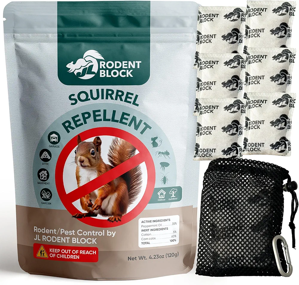 JL Rodent Block Squirrel Repellent Pouch 6-Pack - Powerful Against Mice, Racoons, Chipmunks, Snakes, Mosquitos, Ants. All Natural Ingredients, Refillable Mesh Bag & Carabiner for Hanging