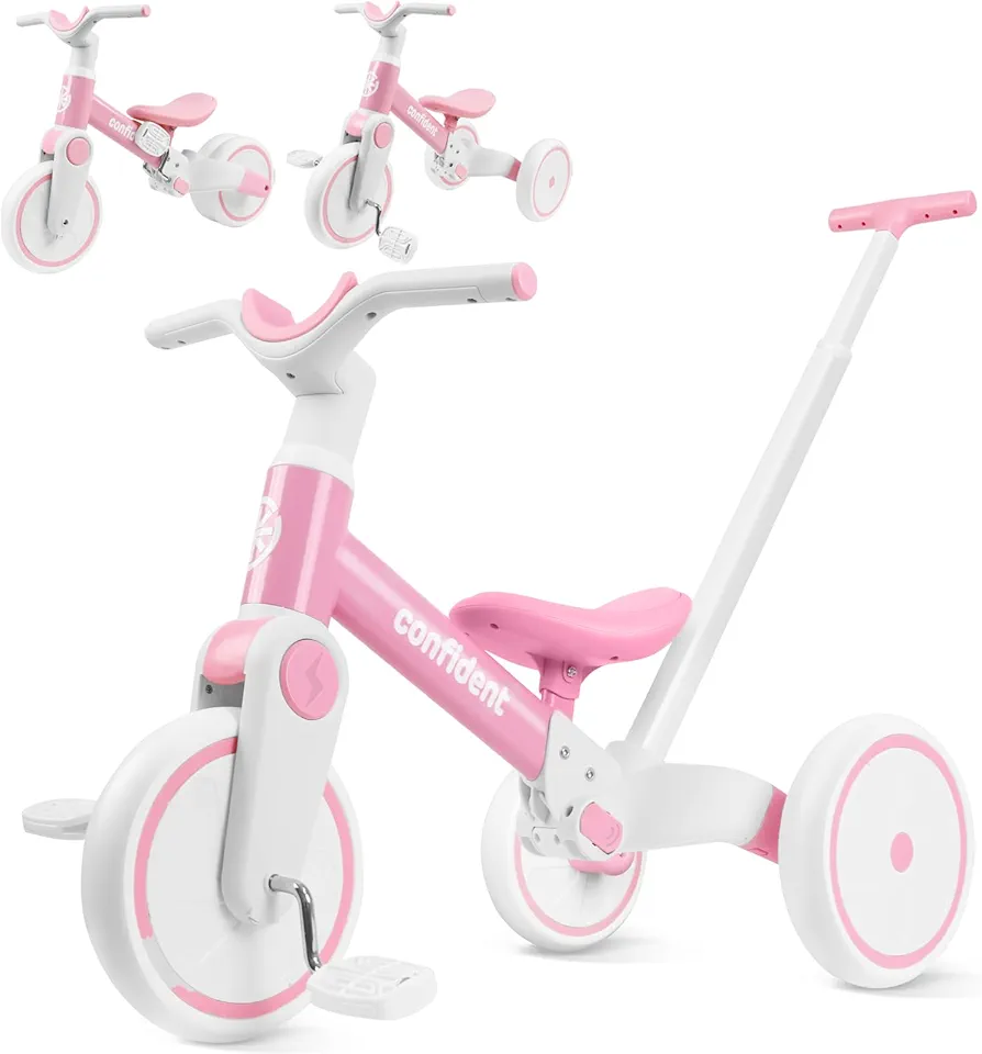 YGJT 5 in 1 Tricycle for Toddlers 1-3, Toddler Balance Bike with Parent Steering Push Handle and Removable Pedal, Kids Trike Baby Toys for 1 2 3 Year Old Boys Girls, Birthday Gifts(Pink)