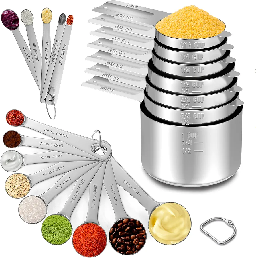 Measuring Cups and Spoons Set of 21, 7 Stainless Steel Nesting Measuring Cups, 9 Measuring Spoons, 5 Mini Spoons, Kitchen Gadgets for Cooking & Baking, Round