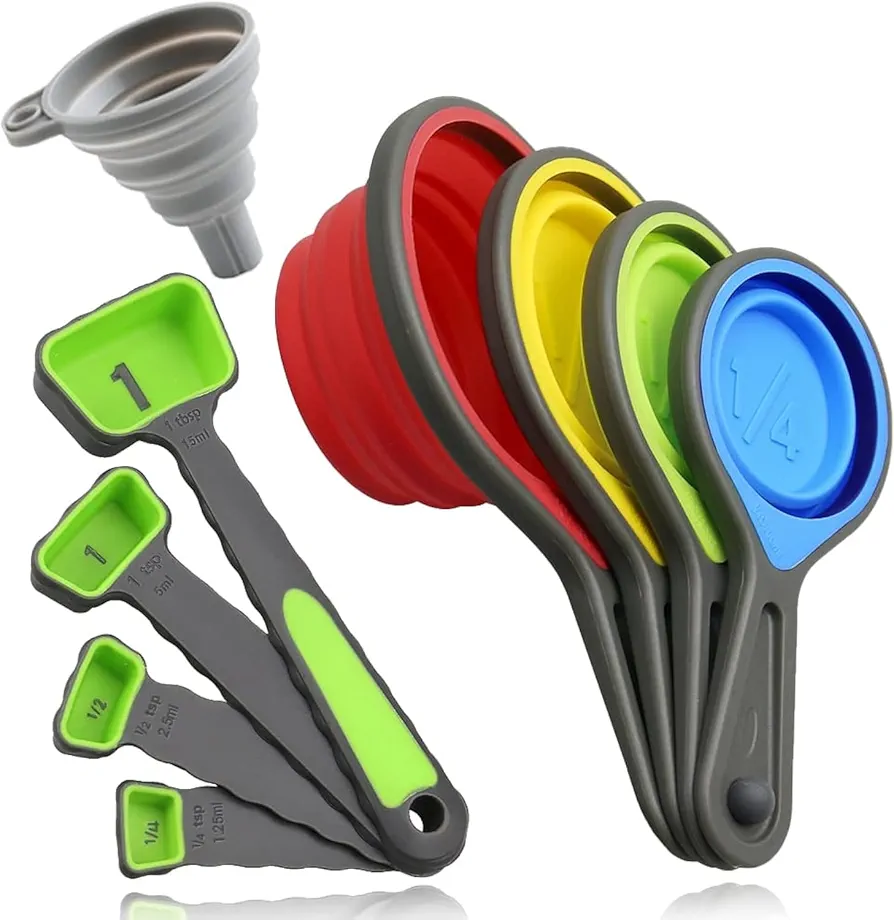 leepiya Measuring Cups and Spoons set, Collapsible Measuring Cups, 8 piece Measuring Tool Engraved Metric/US Markings for Liquid & Dry Measuring, Space Saving, BPA Free Silicone, Colorful