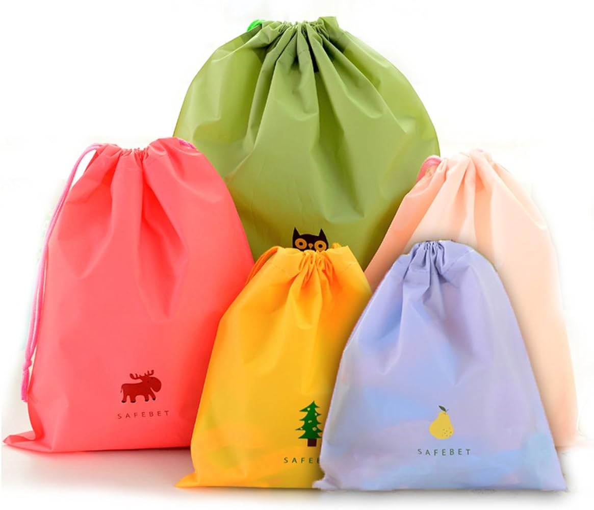 Set of 5 Waterproof Drawstring Bag PE Plastic Folding Sport Home Travel Storage Use combine C