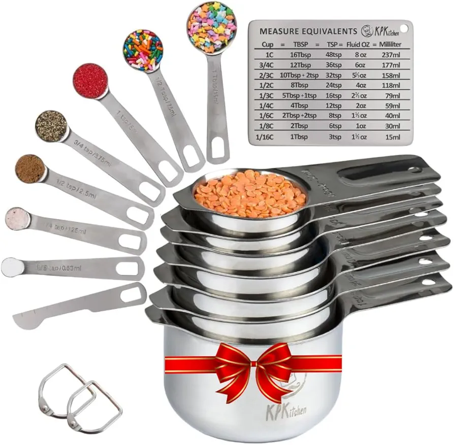 Stainless Steel Measuring Cups and Spoons Set of 16-7 Cup & 7 Spoon + Conversion Chart & Leveler - Kitchen Measuring Spoons and Cups - Dry Measure Cups Stainless Steel & Baking Metal Measuring Cups