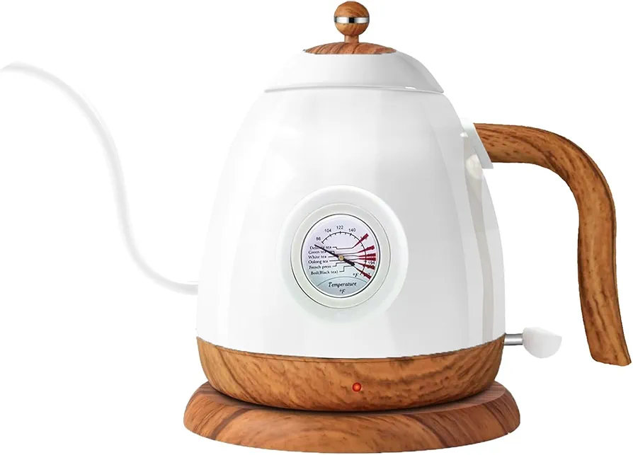 Stainless Steel Gooseneck Electric Kettle with Thermometer, BPA Free, Auto Shut-off, 1000W-0.8L, White - Ideal for Pour-over Coffee & Tea