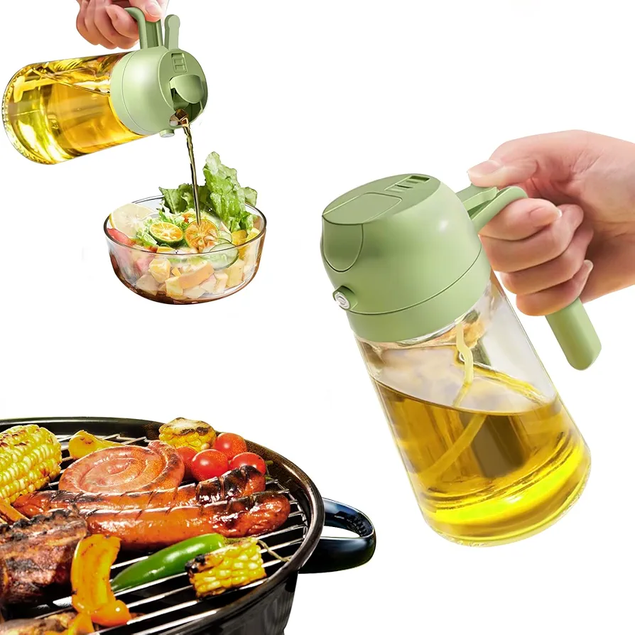 YARRAMATE Olive Oil Dispenser Bottle for Kitchen，2 in 1 Oil Sprayer for Cooking, 16oz/470ml Glass Oil Spray Bottle with Pourer, Food-grade Oil Mister for Air Fryer, Salad, Frying, BBQ (Green)