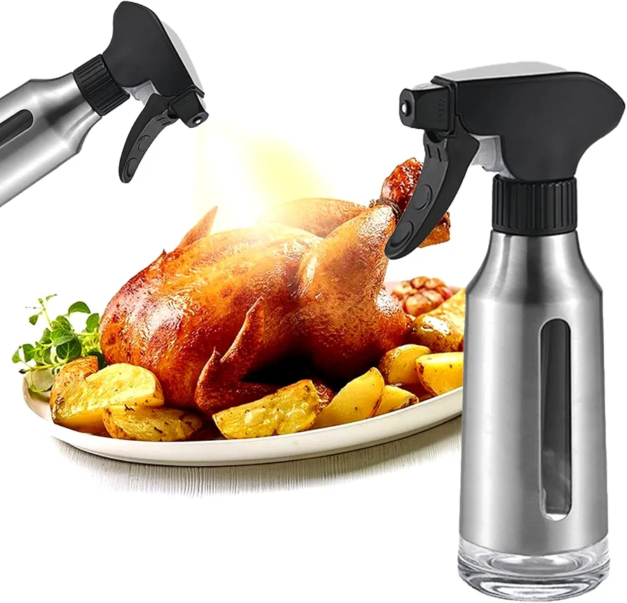 Oil Sprayer for Cooking,Stainless Steel Olive Oil Mister for Air Fryer Black Nozzel Dispenser Bottles Fat Reduction Glass Oil Control Spray Pot 6.35oz(180ml) Capacity