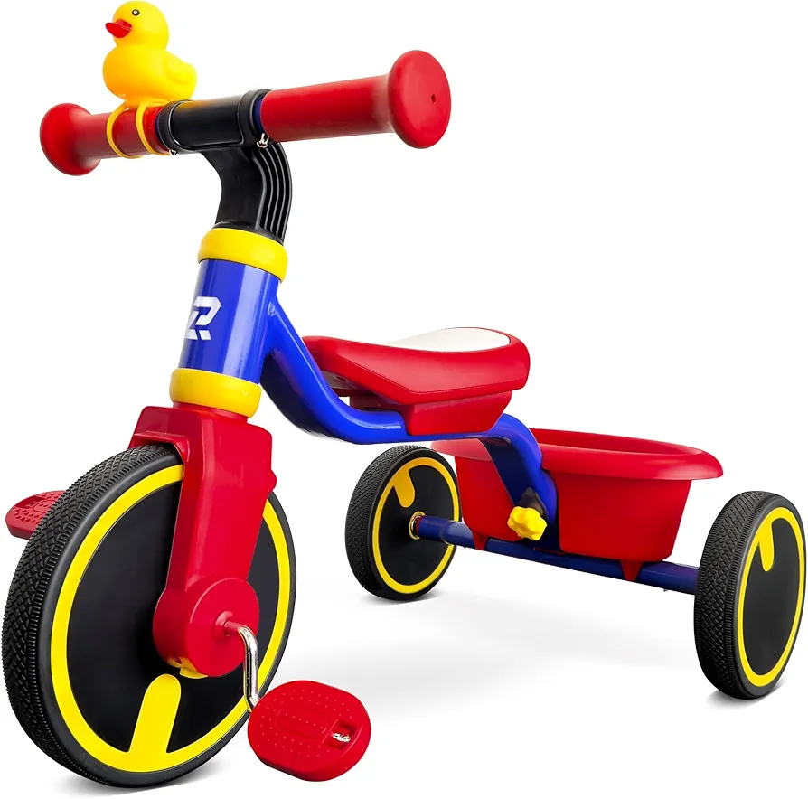 Tricycles for Toddlers 1-3, Tricycles for 1-3 Year Olds with Rubber Tires, Stable Riding on Any Surface, Toddler Tricycle with Adjustable Seat, Non-Sharp Edge Design, Large Basket, Blue