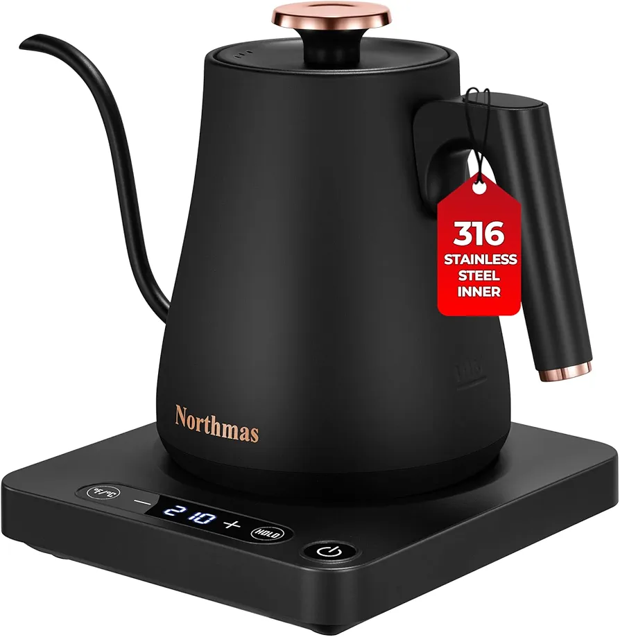 Gooseneck Electric Kettle, Electric Tea Kettle with ±1℉ Temperature Control, 1L/1200W Fast Boiling Water Kettle for Pour Over Coffee & Tea, 316 Stainless Steel Inner, Auto Shut-Off, Black