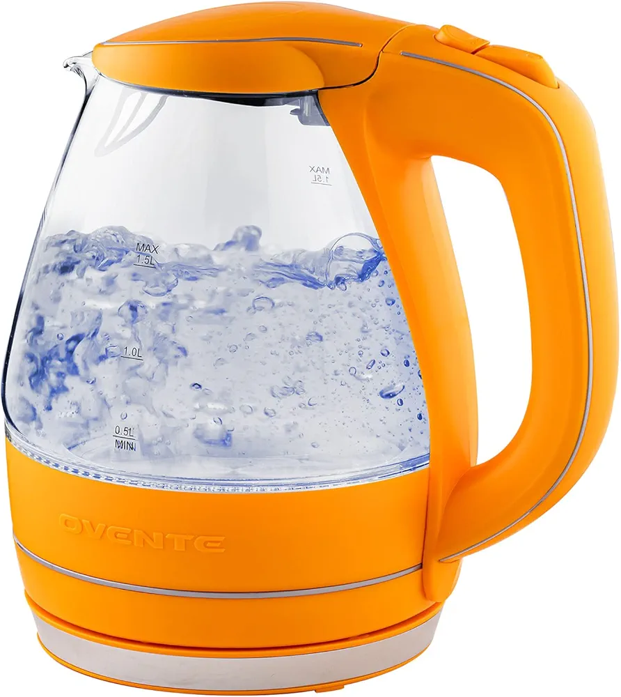 OVENTE Glass Electric Kettle Hot Water Boiler 1.5 Liter Borosilicate Glass Fast Boiling Countertop Heater - BPA Free Auto Shut Off Instant Water Heater Kettle for Coffee & Tea Maker - Orange KG83O