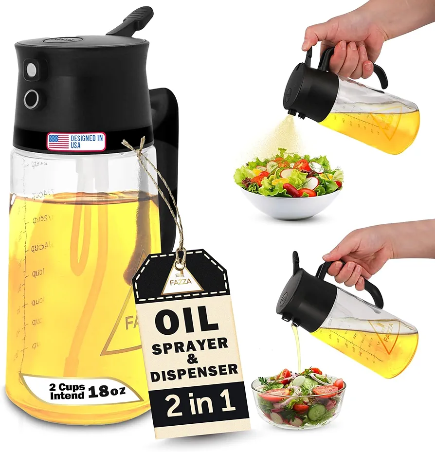 FAZZA Premium 2 in 1 Oil Dispenser and Oil Sprayer Bottle - 500ml with Scale line, 2Cup Capacity Oil Sprayer for Cooking 2 in 1, Food-Grade Olive Oil Sprayer and Pourer for Air Fryer,Salad,BBQ