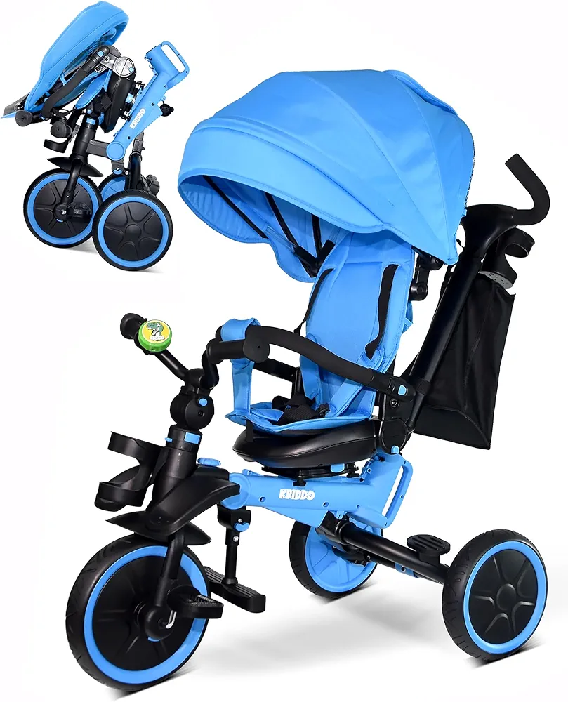 KRIDDO 8-in-1 Foldable Tricycle Stroller for Toddlers 18 Months to 5 Years, 5-Point Seatbelt, 1-Step Brake Pedal, Extended Canopy, Triple Footrest, Safety Rearview Window, Detachable Guardrail, Blue