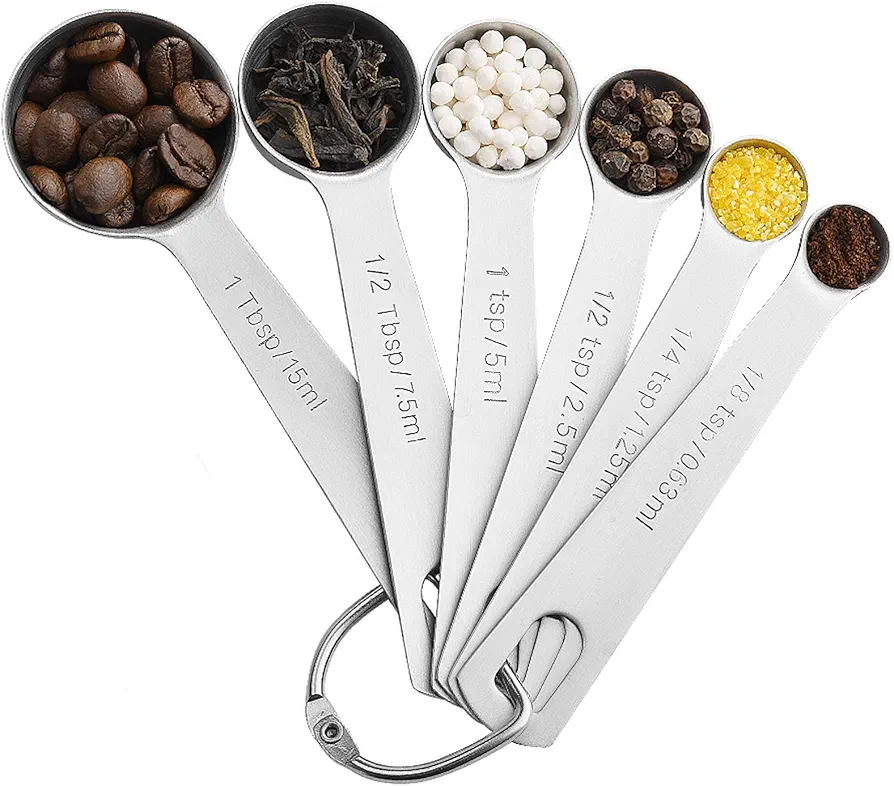 Measuring Spoons Set Stainless Steel - Set of 6 Stacking Metal Small Teaspoons Tablespoons - 1/8 TSP, 1/4 TSP, 1/2 TSP, 1 TSP, 1/2 Tbsp, 1Tbsp - Coffee Spice Jars Scoop for Dry Liquid Ingredient