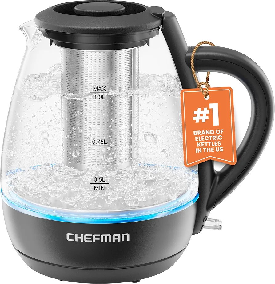 Chefman Electric Kettle with Tea Infuser, 1L 1500W, Removable Lid for Easy Cleaning, Boil-Dry Protection, Stainless Steel Filter, BPA Free, Auto Shut Off Hot Water Boiler, Small Electric Tea Kettle