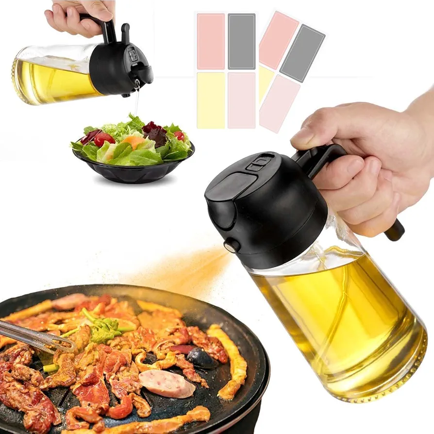 With Stickers 16oz Olive Oil Sprayer for Cooking - 2 in 1 Spray & Pour Olive Oil Dispenser - 470ml Glass Spray Oil Bottle - Kitchen Gadgets