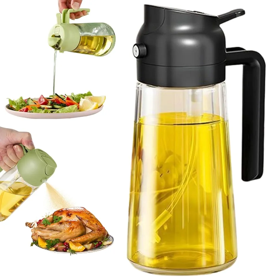 Olive Oil Sprayer Mister for Cooking,2 in 1 Olive Oil Dispenser Bottle for Kitchen,17oz Oil Sprayer for Cooking,Premium Glass Oil Mister Bottle for Air Fryer,Barbecue,Salad,Frying,BBQ (Black)