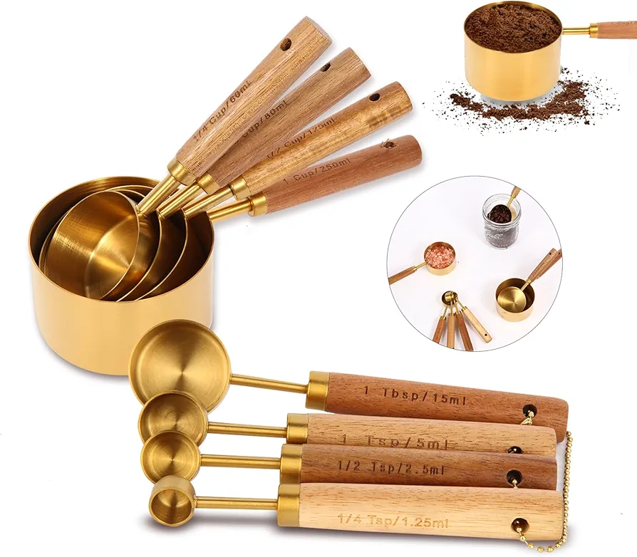 Gold Measuring Cups and Spoons Set with Fragrant Wood Handles, Premium Stainless Steel Measuring Spoons and Measuring Cups Set, For Cooking and Baking in the Kitchen (8 Piece)