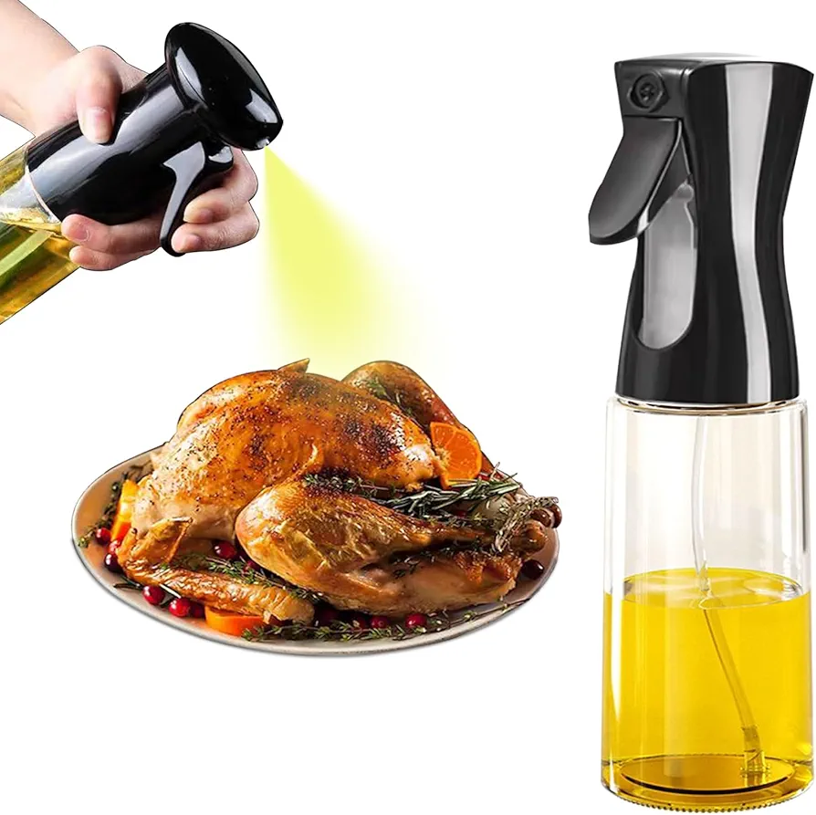 Oil Sprayer for Cooking -200ml Glass Olive Oil Sprayer, Cooking Sprayer, Kitchen Gadgets for Air Fryer, Canola Oil Spritzer, Widely Used for Salad Making, Baking, Frying, BBQ (Black)