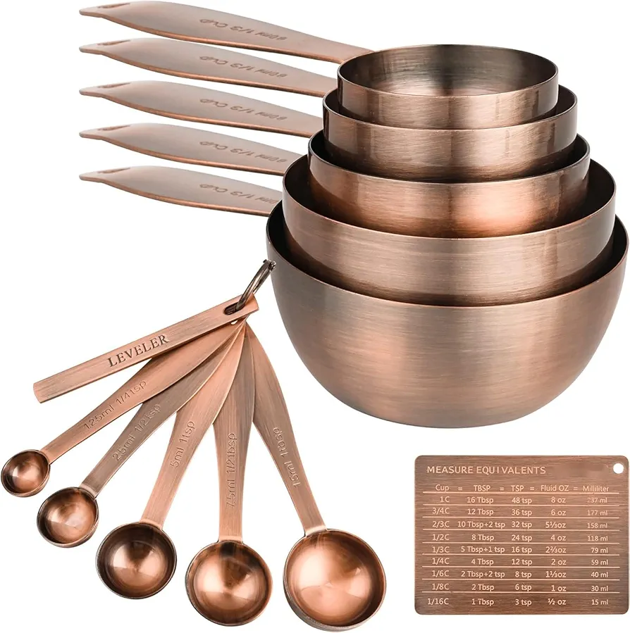 Smithcraft Measuring Cups and Spoons Set, 12 Pieces Measuring Cup Set, Stainless Steel Measuring Cups, Metal Copper Measuring Cups Spoons, Dry Kitchen Measure Cup Spoon & Leveler & Measure Equivalents