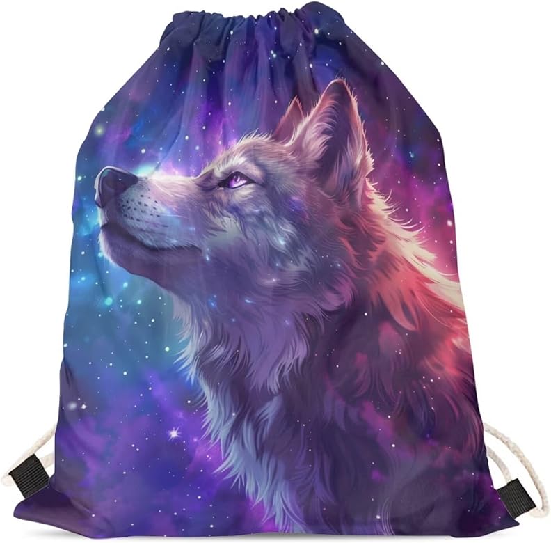 Upetstory Galaxy Wolf Drawstring Backpack for Women Teen Girls Boys Kids Drawstring Bag Lightweight Cinch Sackpack Storage Pouch for Travel Holiday Shopping Hiking Swimming