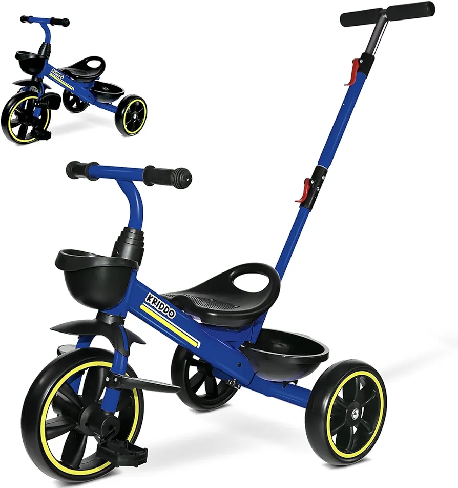 KRIDDO 2-in-1 Toddler Tricycle for Ages 18 Months to 5 Years Old - Extended Push Handle for Effortless Push, Gift Trike for Toddler 3 to 5 Year, Kids Tricycle with Foldable Front Footrest, Blue