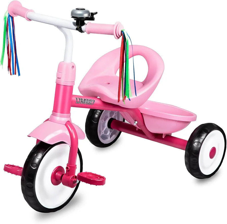 Liberry Toddler Tricycle Age 2 3 4 Years Old, Kids Trike with Bell, Back Basket and Removable Pedal, 3 Wheel Bike Birthday Toys Gift for Boys Girls, Pink