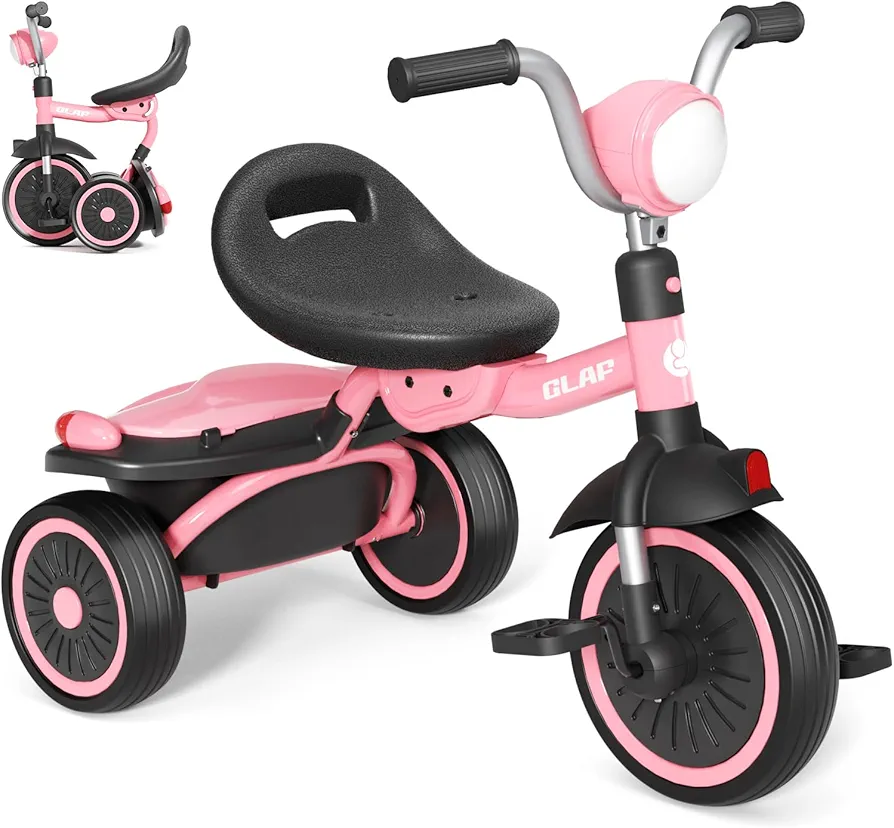 Glaf Toddler Tricycle Foldable Toddler Bike with Pedals, Adjustable Seat and Storage Basket, Kids Tricycle Birthday Gifts for Toddlers 1-5 Years Old Boys Girls (Pink)