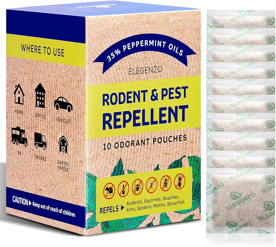 ELEGENZO Mouse Repellent Pouches with Peppermint Oil - Repels Mice, Rats, Squirrels, Roaches, Ants, Spiders, Moths (1 Count (Pack of 10))