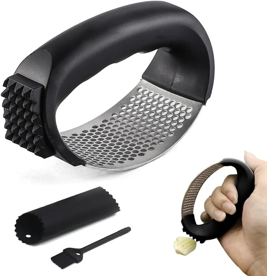 Stainless Steel Garlic Press, 2025 New 304 Stainless Steel Ring Garlic Press, Garlic Press Rocker with Peeler and Cleaning Brush, Garlic Crusher for Kitchen Gadgets Tools (Black)