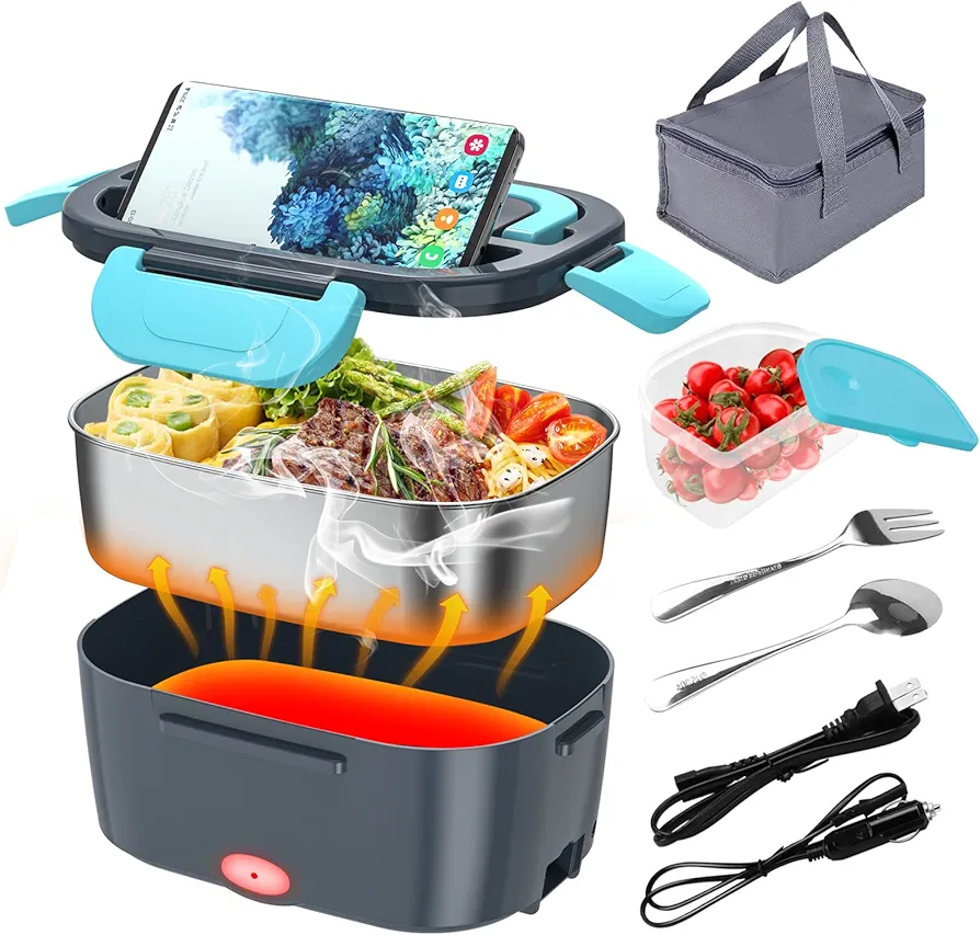 Electric Lunch Box, Food Warmer Heater 12V 24V 110V, 80W Faster Heated Lunch Box for Car/Truck/Home Portable Heating Boxes with 1.5L 304 SS Container Fork & Spoon