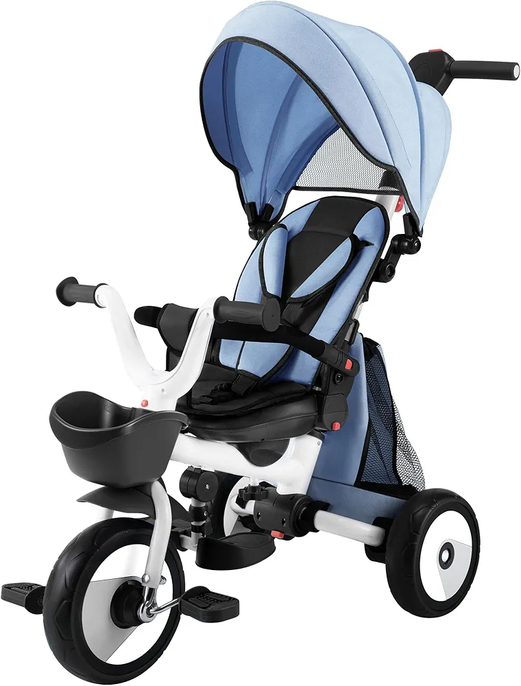 Baby Tricycle, 4-in-1 Folding Toddler Tricycle with Adjustable Parent Handle, Removable Canopy, Rotatable Seat, Safety Harness & Srorage, Kids Trike for 18 Months - 5 Year Old, Blue