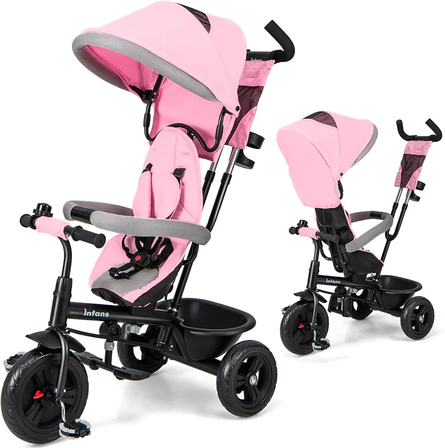 INFANS Kids Tricycle, 6 in 1 Baby Trike Toddler Bike with Reversible Seat, Adjustable Push Handle, Control Direction, Removable Canopy, Safety Harness, Belt, Storage, 9-60 Months (Pink)