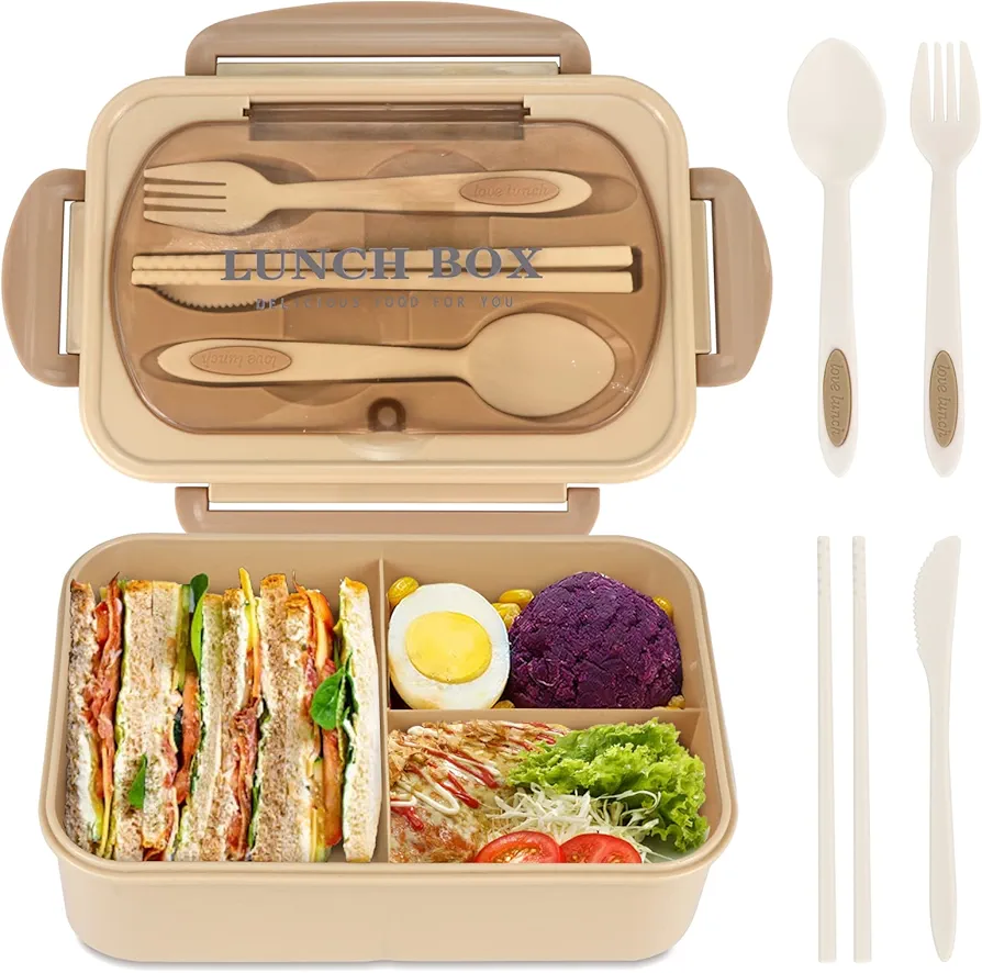 NatraProw Bento Box for Adult, 1200 ML Lunch Containers, LeakProof Lunch Box with Utensils, BPA Free, 3 Compartment Bento Box Microwave Safe, Khaki