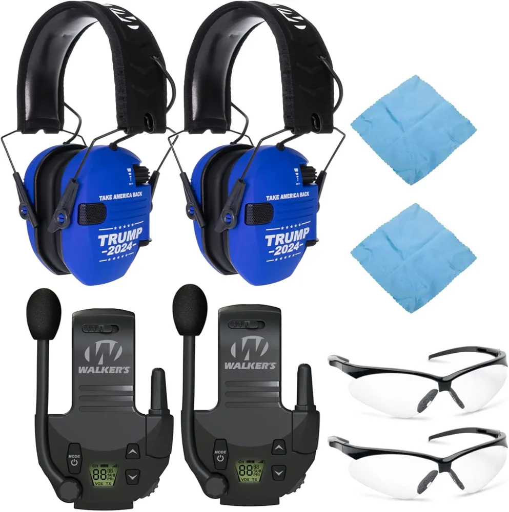 Walker's Razor Slim Shooting Earmuffs - Take America Back Series (Trump 2024) Bundle with Walkie Talkies, Protective Cases, Shooting Glasses and Cleaning Cloths 2-Pack