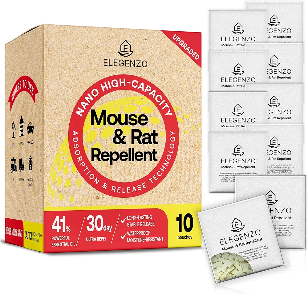 ELEGENZO Upgraded Ultra-Strong Mouse Repellent Pouches : Long-Lasting, Waterproof, and Effective for 60 Days with Peppermint Oil to Repel mice and Rats(1 Count (Pack of 10))