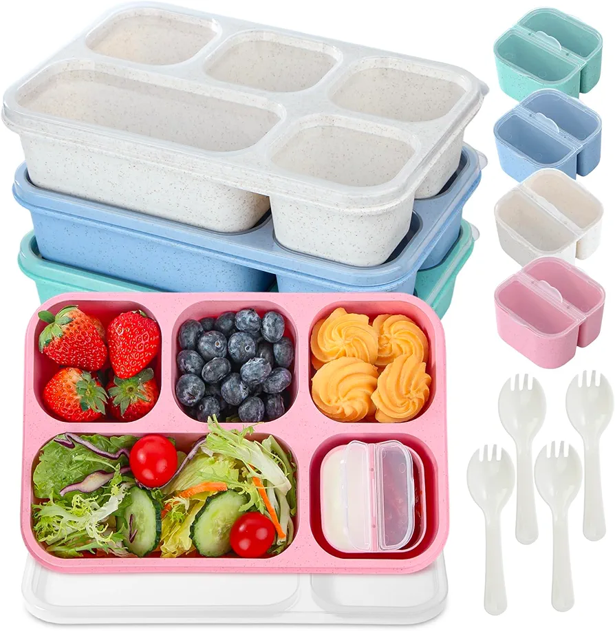 Snack Box Containers for Adults，4 Pack Bento Lunch Box for Adult & Kids, 5 Compartment Adult Lunchable Containers with Utensils, Sauce Jar, 44 Oz/1300ML Large Size (Wheat)