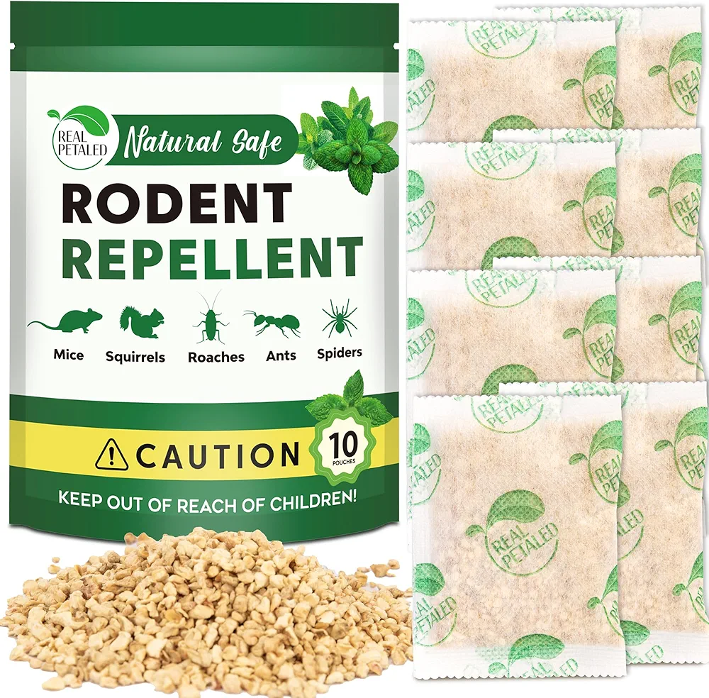 Natural Rodent Repellent Pouches: Indoor Peppermint Oil Mouse Repellent to Repel Mice and Rats - Stay Away Rodent Repellent for House Basement Cars Garden and Outdoor Use - 10 Pouches