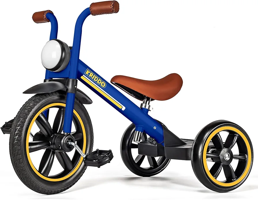 KRIDDO Kids 12 Inch Tricycle With Puncture Free Wheels, Front Light, Adjustable Seat - Gift for 2-5 Year Olds, Blue